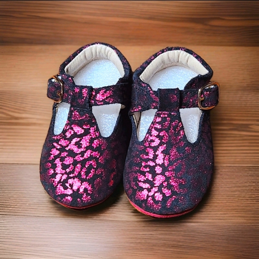 Monkey Feet T-Strap Sparkle Cheetah Print Size 6-12 Month Magenta & Black